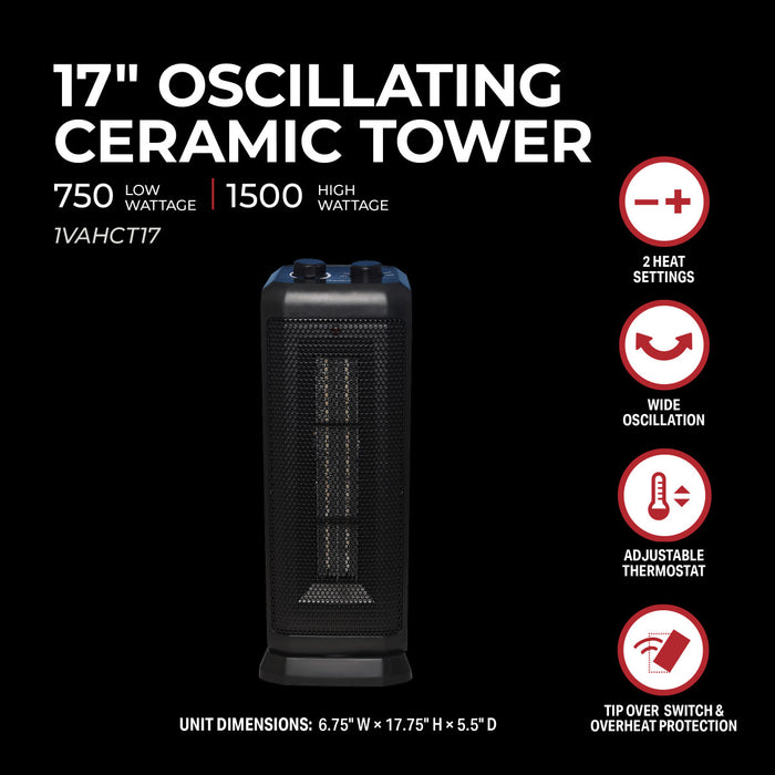 17” 1500/750W Oscillating Ceramic Tower Heater