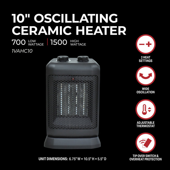 10" 1500/750W Oscillating Ceramic Heater
