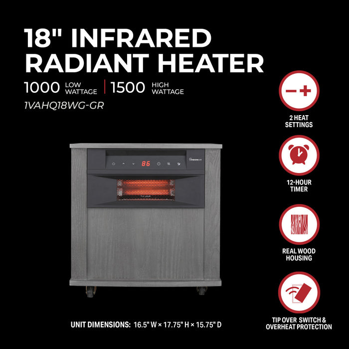 18" 1500/1000W Digital 6 Tube Infrared Heater with Remote, Grey wood finish