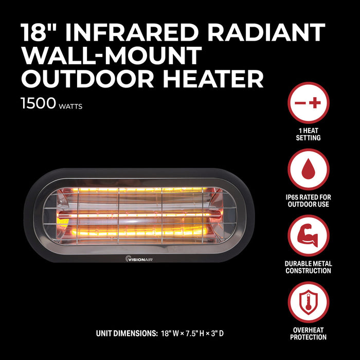 18" Outdoor 1500W Wall Mount Infrared IP65 Patio Heater