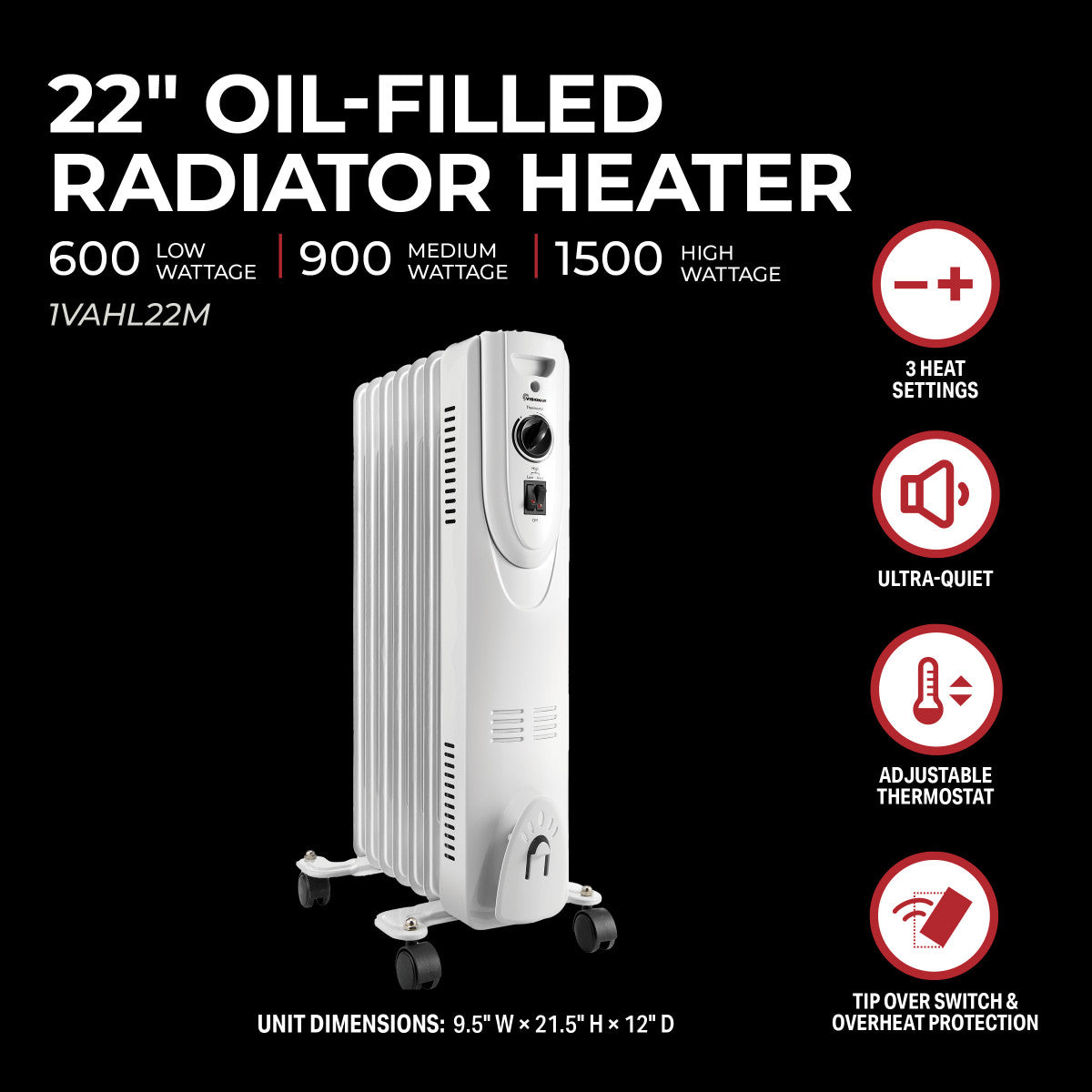 Portable 7 Fin 1500w Electric OIL FILLED RADIATOR Heater With Thermostat  Control