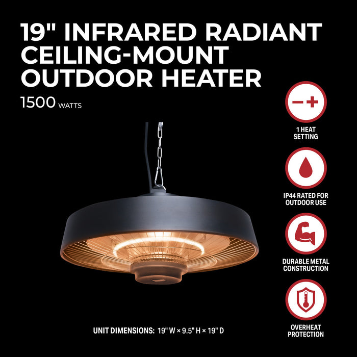 19" Outdoor 1500W Ceiling Mount Infrared IP44 Patio Heater With Remote