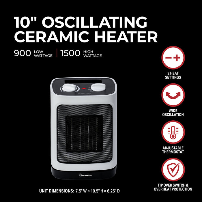 1500/900W Oscillating 10" Ceramic Heater, White