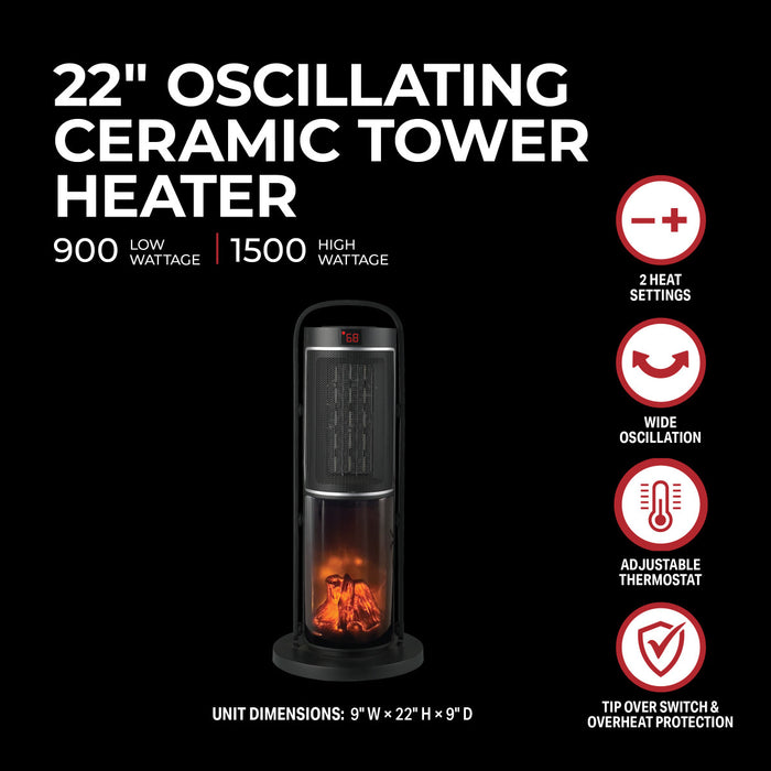 22” 1500/750W Oscillating PTC Tower Heater With Flame Effect