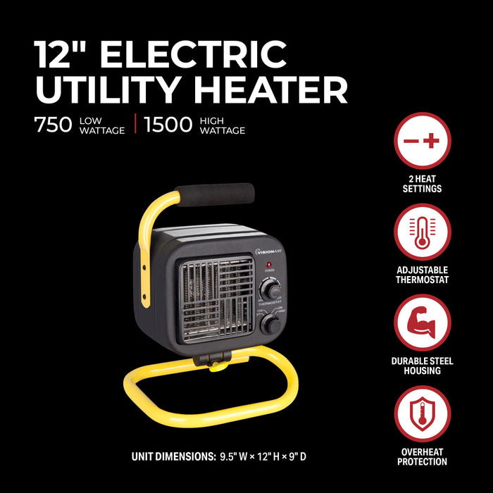 12" 1500/750W Wire Element Utility Heater with Fan-Only Mode