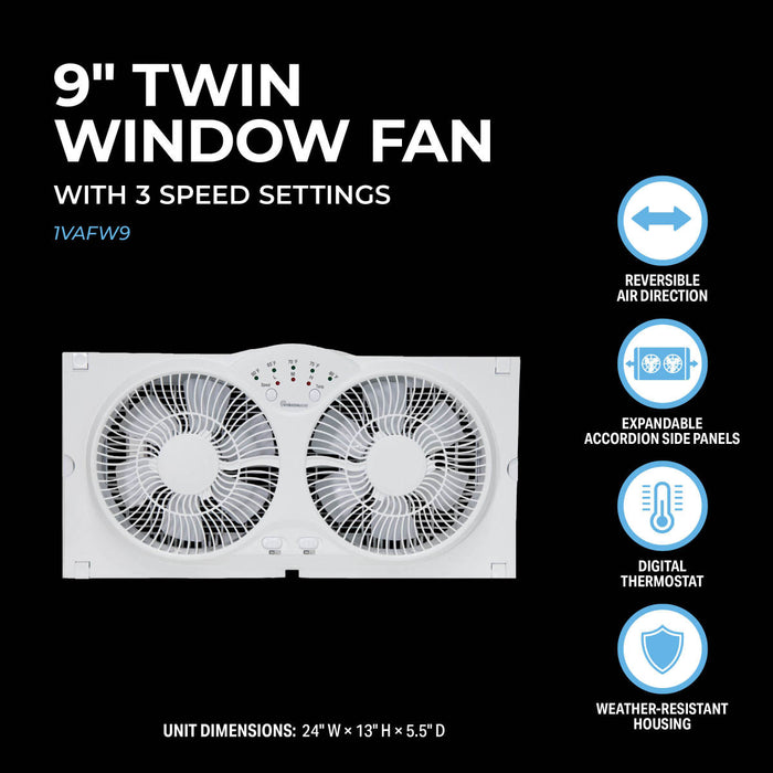 9" Reversable Twin Window Fan with Thermostat